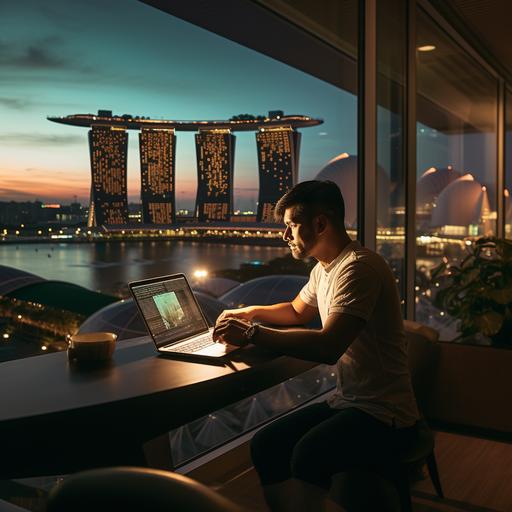 a realistic Filipino trading with digital gold on his laptop while he is in the room with the Marina Bay Sands of Singapore in the background, Shot in a Sony Mirrorless camera, 16k resolution.