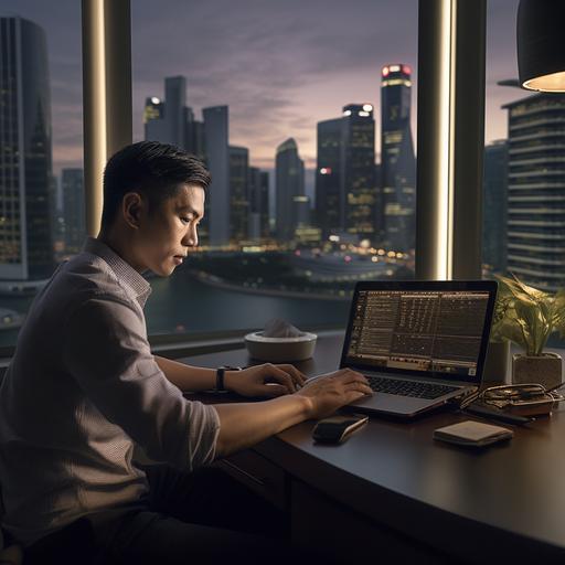 a realistic Filipino trading with digital gold on his laptop while he is in the room with the Marina Bay Sands of Singapore in the background, Shot in a Sony Mirrorless camera, 16k resolution.