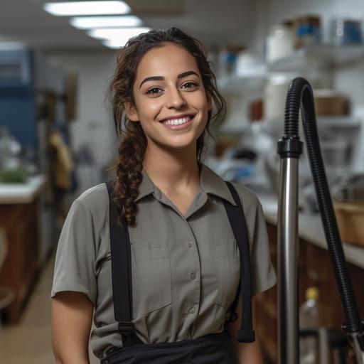 a realistic Modern young lady with Brown eyes ans skin color smiling with a janitor uniform wth a vacum clean a floor of a realistic moder kitchen , can Ef16-35mm f/2.8LIII USM lens on a con EOS 5D