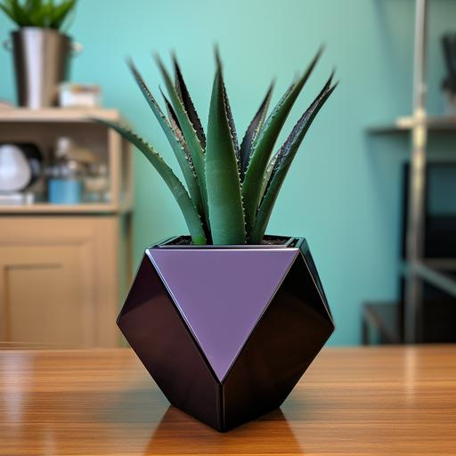 a realistic aloe vera plant in a geometric container sitting on a desk purples teals black & cream