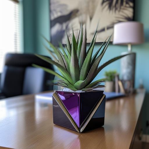 a realistic aloe vera plant in a geometric container sitting on a desk purples teals black & cream