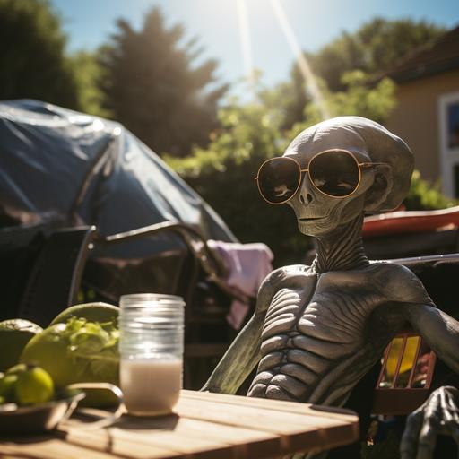 a realistic and cliché alien having a BBQ and chilling with friends in a garden during daylight, fujifilm natura 1600, macro lens, sunrays shine upon it, 55mm f/1.9 --ar 1:1