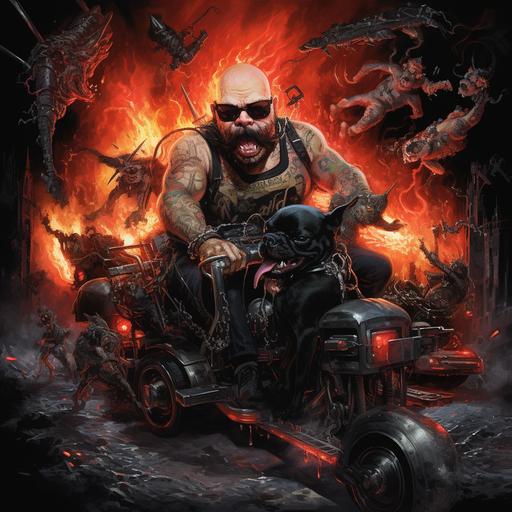 a realistic black french bulldog, in hell surrounded by demons, driving a white tow truck with red lettering, chains dragging behind the truck with sparks flying, towing a white man bald head medium build with a well kept beard & mustache,
