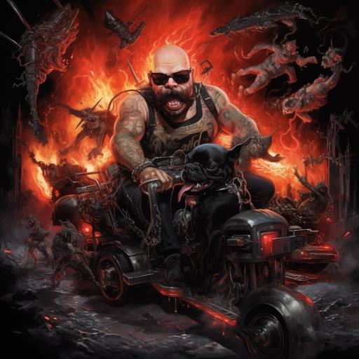a realistic black french bulldog, in hell surrounded by demons, driving a white tow truck with red lettering, chains dragging behind the truck with sparks flying, towing a white man bald head medium build with a well kept beard & mustache,