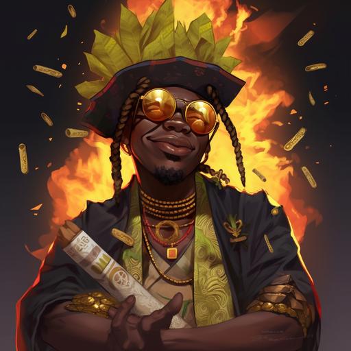 a realistic black male anime styled character. He is wearing a black african hat, that has a bow and and arrow on it. He has a burning cigar in his mouth. He is wearing “black tinted colored glasses.” he is holding a bundle of cash. wearing yellow African attire.