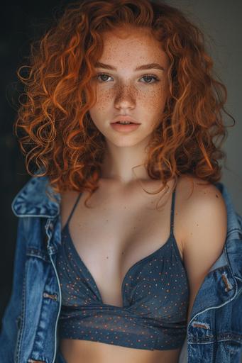 a realistic candid close up full body photograph of a 18 year old girl with curly firery orange hair, warm brown eyes, a sharp small nose, a slim heart shaped face, light freckles, wearing a dark blue mini dress with an open denim jacket over the dress --ar 2:3