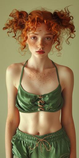 a realistic canon photograph of a young woman in green silk spaghetti strap tank top and green silk shorts that match. the girl has orange curly hair thats in pigtails, brown eyes, freckles, wide lips, and almond shaped eyes, --ar 1:2