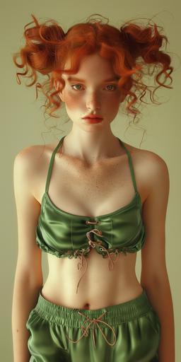 a realistic canon photograph of a young woman in green silk spaghetti strap tank top and green silk shorts that match. the girl has orange curly hair thats in pigtails, brown eyes, freckles, wide lips, and doe shaped eyes, --v 6.0 --ar 1:2