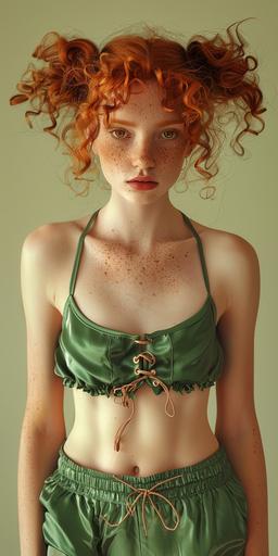 a realistic canon photograph of a young woman in green silk spaghetti strap tank top and green silk shorts that match. the girl has orange curly hair thats in pigtails, brown eyes, freckles, wide lips, and doe shaped eyes, --v 6.0 --ar 1:2