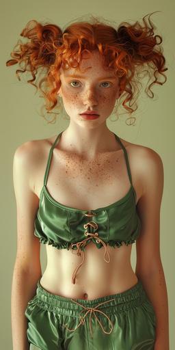 a realistic canon photograph of a young woman in green silk spaghetti strap tank top and green silk shorts that match. the girl has orange curly hair thats in pigtails, brown eyes, freckles, wide lips, and almond shaped eyes, --v 6.0 --ar 1:2