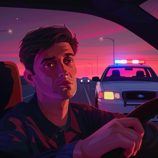 a realistic cartoon art style of a male person slightly impaired driving a vehicle being pulled over by a police vehicle