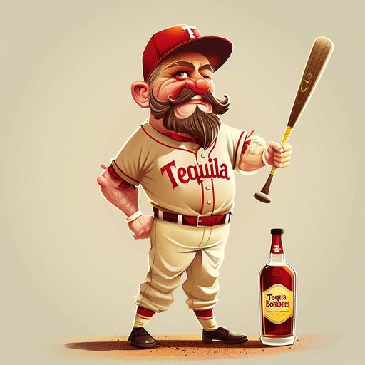 a realistic cartoon baseball slugger with a bottle of tequila next to him representing the team 