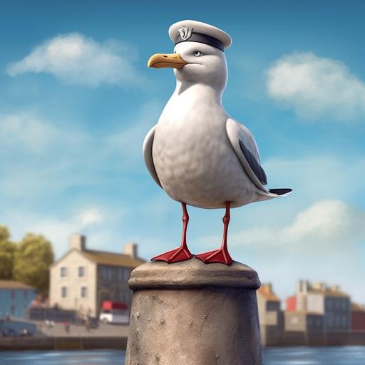 a realistic cartoon seagull wearing a world war one flying helmet. He is perched on a bollard overlooking a harbour