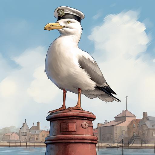 a realistic cartoon seagull wearing a world war one flying helmet. He is perched on a bollard overlooking a harbour
