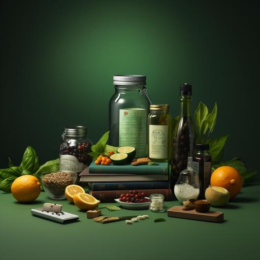 a realistic collage on a green background with hex 02544c that includes a digital scale weight, glass pill bottles, a smartwatch, a book, a green blender bottle, a protein flask and a green moleskine agenda --s 250