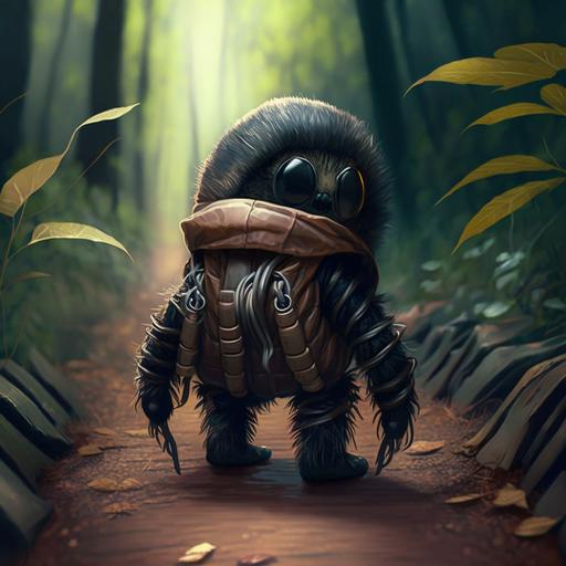a realistic cute exploring tarantula in a leather jacket walking along a path in the woods