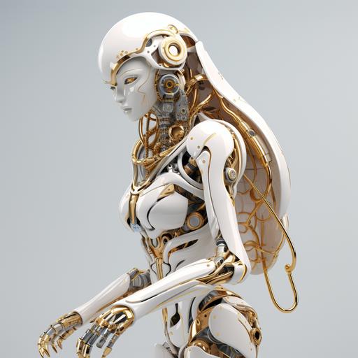 a realistic fullbody view of a afrofuturistic female yeti cyborg robot in a shiny white color background, in the style of vibrant porcelin white and gold, post processing, chrome-plated, audio-visual installations, realistic hyper-detail, colorful moebius, focus on joints/connections