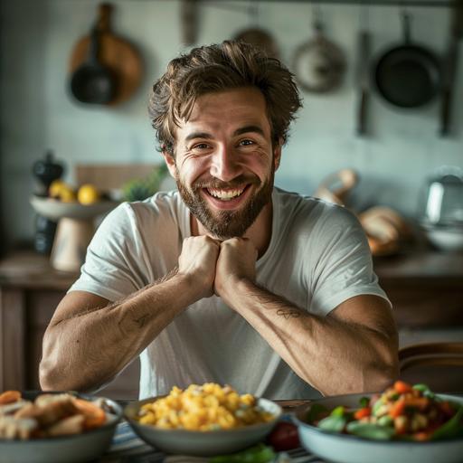 a realistic happy man succeeded to stop being adicted to carbohydrates with healthy food --no background