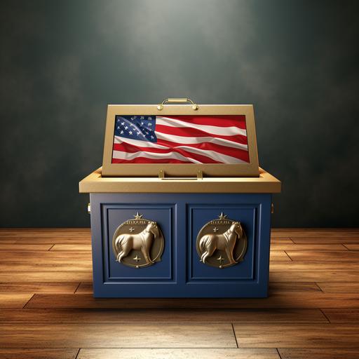 a realistic image of a ballot box, democrat and republican symbols and a political agenda