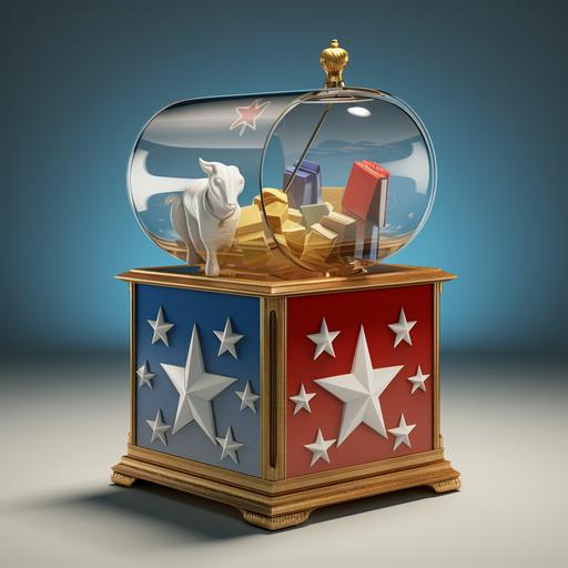 a realistic image of a ballot box, democrat and republican symbols and a political agenda