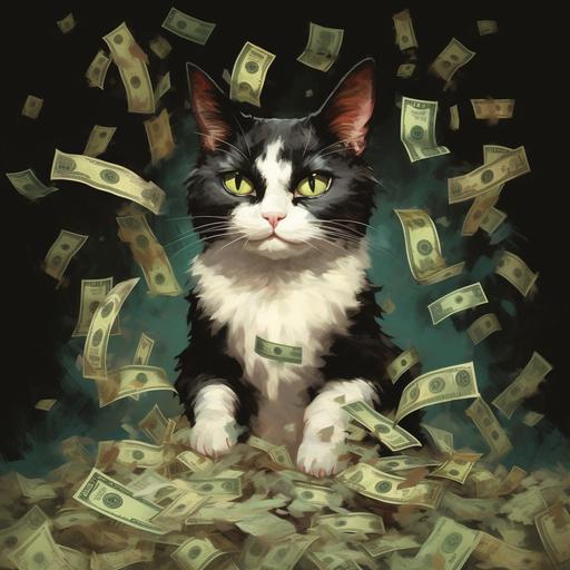 a realistic image of a tuxedo cat with tons of money