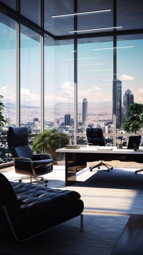 a realistic interior decor photo of the inside of tech company CEO's presidential office suite. White interior. Floor to ceiling glass windows. Desk. Couch. Black Modern furniture. Los Angeles city skyline. Photography. Realistic. Detailed. --ar 9:16