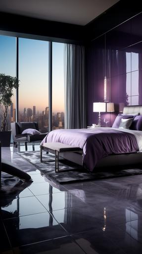 a realistic interior decor photograph of a modern female bedroom in a penthouse apartment with shiny black tile floors, gray and purple walls, gray furniture, purple accents. --ar 9:16