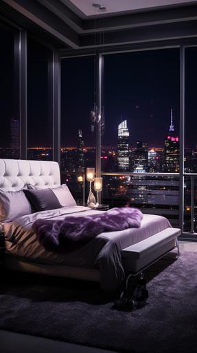a realistic interior decor photograph of a modern female bedroom in a penthouse apartment with shiny black tile floors, gray and white walls, gray and white furniture, purple accents, city view. --ar 9:16
