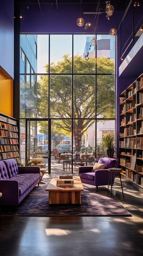 a realistic interior decor photograph of a trendy Los Angeles bookstore with trendy furniture. Purple and black accents. Floor to ceiling glass windows. Photograph. --ar 9:16