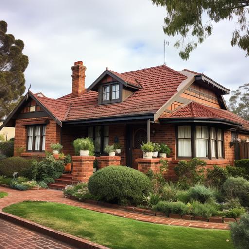 a realistic light red bricked home with brown shingles that looks like its from Altona, Victoria