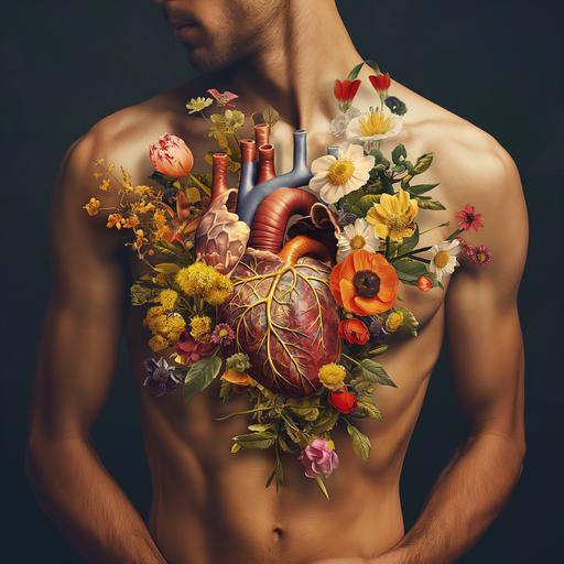 a realistic man, full body, with an open chest shows flowers heart --v 6.0