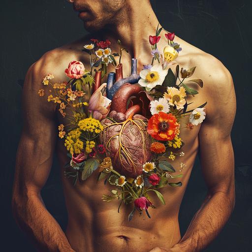 a realistic man, full body, with an open chest shows flowers heart