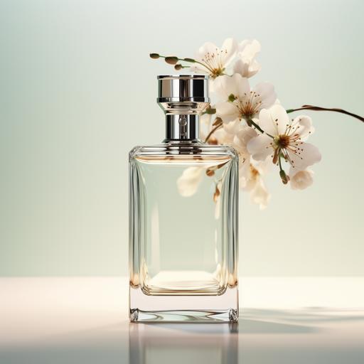 a realistic modern women's glass perfume bottle with large, smooth resivoir , a blank name plate hanging from the neck , soft flowers in the background