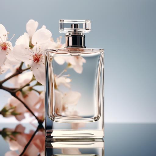 a realistic modern women's glass perfume bottle with large, smooth resivoir , a blank name plate hanging from the neck , soft flowers in the background