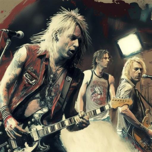 a realistic photo of Kurt Cobain playing a fender jaguar guitar, forming a new band with Sid Vicious on bass guitar, Jeff Hannerman on guitar, and drummer Taylor Hawkins. This new band plays to a crowd of 100 people in a small night club.