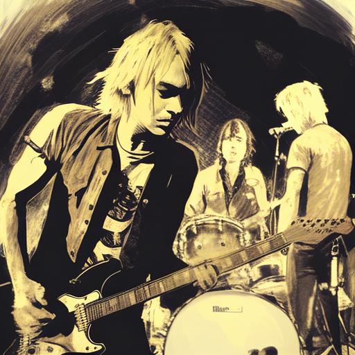 a realistic photo of Kurt Cobain playing a fender jaguar guitar, forming a new band with Sid Vicious on bass guitar, Jeff Hannerman on guitar, and drummer Taylor Hawkins. This new band plays to a crowd of 100 people in a small night club.