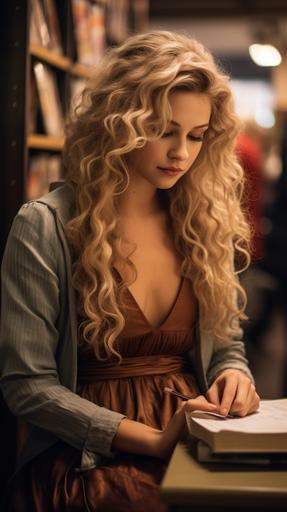a realistic photo of a blonde woman in her late-20s withher hair styled in long princess curls, casual-outfit, signing books at a book signing event in a bookstore. Photography. --ar 9:16