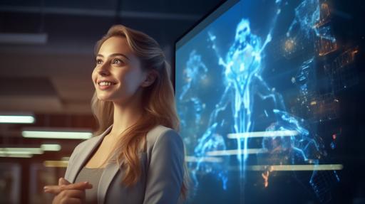 a realistic photo of a business woman with superpowers and a smiling and glowing AI in front of a presentation board, providing speech --ar 16:9 --v 5.1