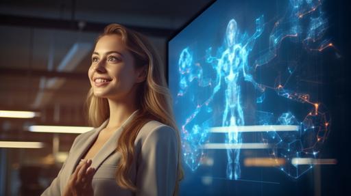 a realistic photo of a business woman with superpowers and a smiling and glowing AI in front of a presentation board, providing speech --ar 16:9 --v 5.1
