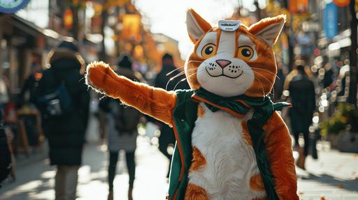 a realistic photo of a cat Costume Mascot Promotion in the street, sun, 8k, captured by canon R8 400mm F5. 4 HD result. --ar 16:9