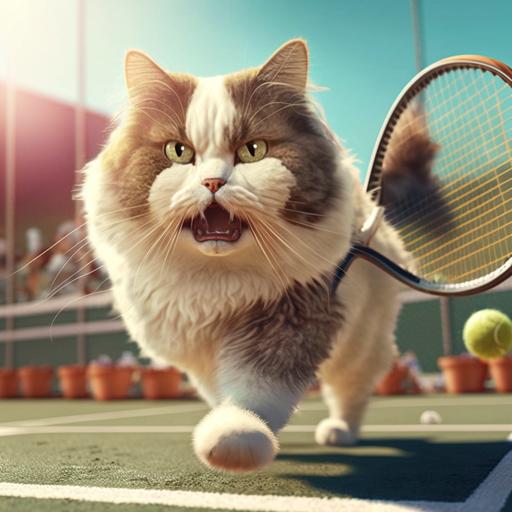 a realistic photo of a cat having fun playing tennis on a tennis court on a sunny day