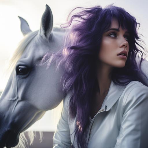a realistic photo of a green-eyed young woman with true-purple hair riding a white-horse. Cinematic lighting. Side profile. Photograph in the style of Petra Collins.
