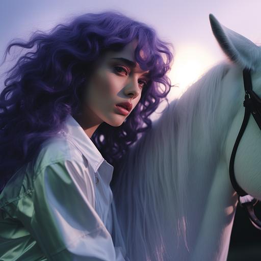 a realistic photo of a green-eyed young woman with true-purple hair riding a white-horse. Cinematic lighting. Side profile. Photograph in the style of Petra Collins.