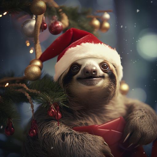 a realistic photo of a happy sloth wearing a Santa hat hanging on a christmas tree with presents underneath it
