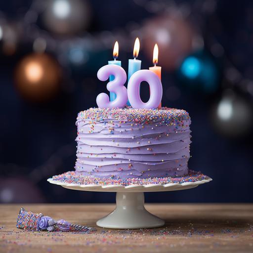 a realistic photo of a lavender two tier birthday cake with sprinkles and a number 30 topper candle in a bookstore or library