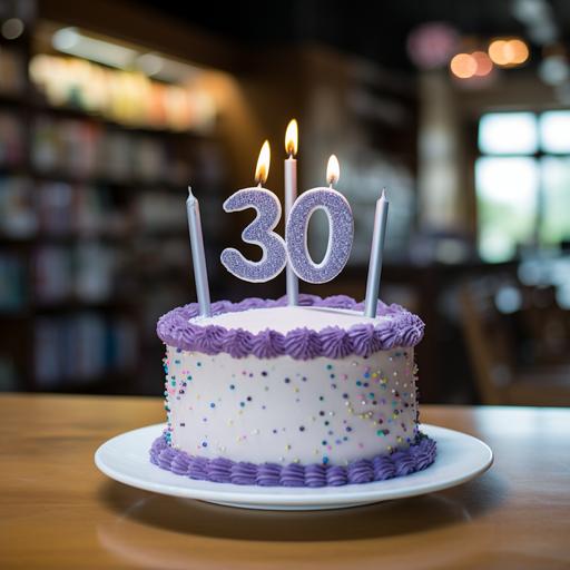 a realistic photo of a lavender two tier birthday cake with sprinkles and a number 30 topper candle in a bookstore or library