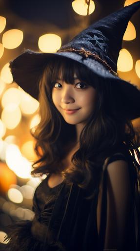 a realistic photo of a pretty 17-year-old Japanese girl in witch halloween costume, smiling, night time, The season is fall, Camera Model: SONY α7R II, Lens: Canon New FD 35mm f2, Focal Length: 105mm, Exposure Mode: F2.8, 1/200 second, ISO: 100, White Balance, --ar 9:16