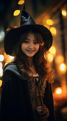 a realistic photo of a pretty 17-year-old Japanese girl in witch halloween costume, smiling, night time, The season is fall, Camera Model: SONY α7R II, Lens: Canon New FD 35mm f2, Focal Length: 105mm, Exposure Mode: F2.8, 1/200 second, ISO: 100, White Balance, --ar 9:16