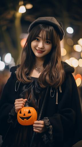 a realistic photo of a pretty 17-year-old Japanese girl in witch halloween costume, smiling, night time, The season is fall, Camera Model: SONY α7R II, Lens: Canon New FD 35mm f2, Focal Length: 105mm, Exposure Mode: F2.8, 1/200 second, ISO: 100, White Balance, --ar 9:16