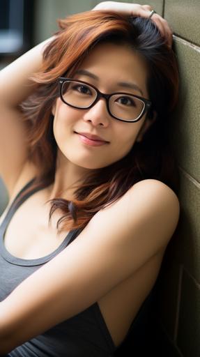 a realistic photo of a pretty 29-years old Japanese lady with glasses in tank top, lying down on her elbow, on the wall, smiling, day time, Camera Model: SONY α7R II, Lens: Canon New FD 35mm f2, Focal Length: 105mm, Exposure Mode: F2.8, 1/200 second, ISO: 100, White Balance, --ar 9:16